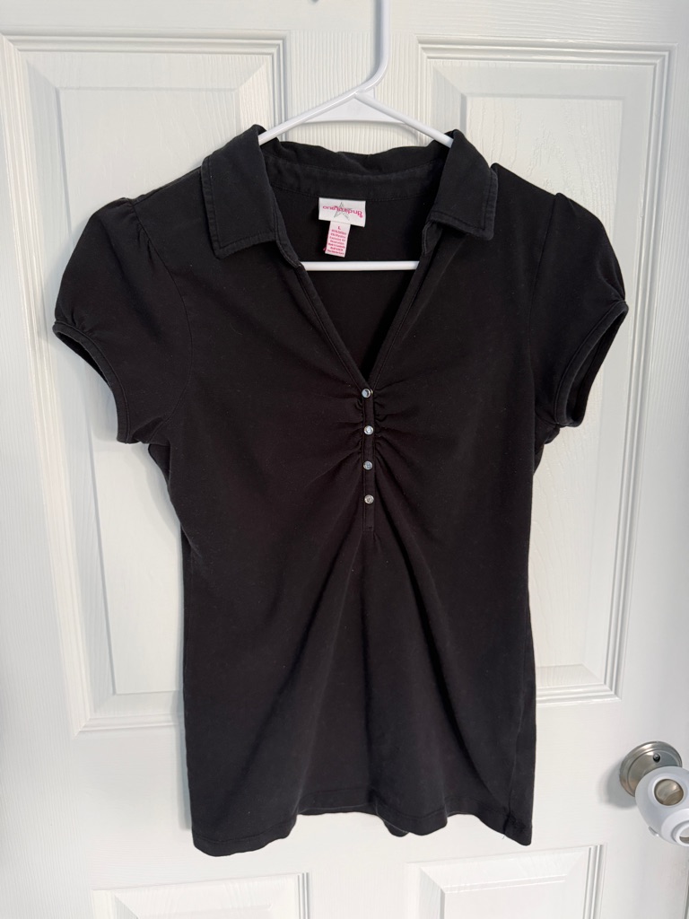 Y2k One Step Up Black Rouched Top Cap Sleeve Collared Shirt